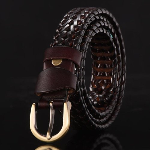 Imagen de Cinturón trenzado para mujer, cinturón tejido para hombre, correas de vaca de cuero genuino de lujo,...