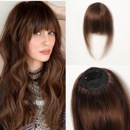 Bild von Clip-in-Pony aus 100 % Echthaar, stumpf geschnitten, dünne Fransen mit Koteletten, dunkelbraun, natürlicher Look für Damen, Alltag, Partykleidung
