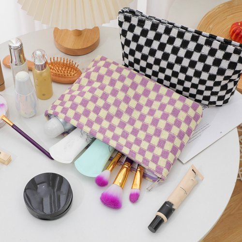 Afbeelding van Stijlvolle Geruite Make-up Tas met Organizer – Praktische Cosmetische Toilettas voor Reizen en Dagelijks Gebruik voor Vrouwen