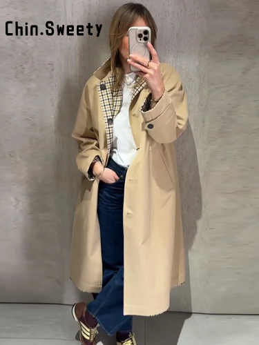 Imagen de Gabardina Reversible a Cuadros Vintage para Mujer - Chaqueta Holgada con Solapa y Bolsillo, Estilo Elegante para Otoño 2025