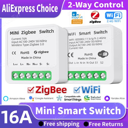 Image of 16A Mini Smart Switch with WiFi & Zigbee – Ewelink App Control, Smart Home Automation Relay Module Compatible with Alexa, Google Assistant, and Sber