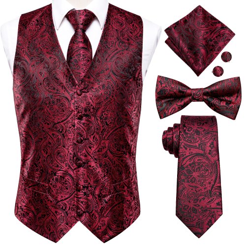 Imagen de Chalecos dorados de lujo para hombre, chaleco de seda rojo, azul, verde y dorado, pajarita, conjunto...