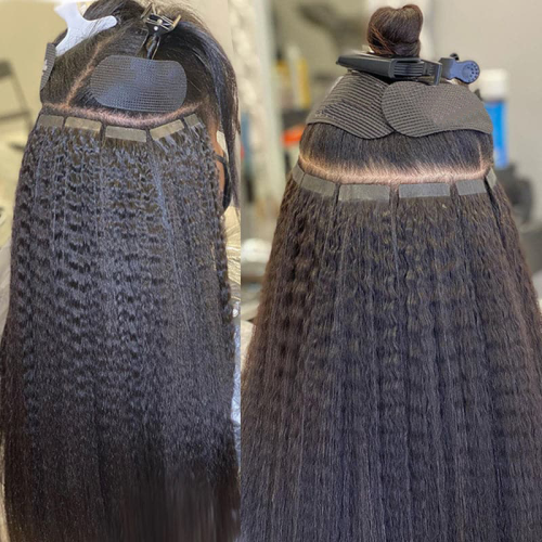 Image of Natural Black Kinky Straight Human Hair Extensions with Invisible Tape-In Wefts – 100% Remy Hair, 16-26 Inch, Skin Weft, 20-Piece Pack