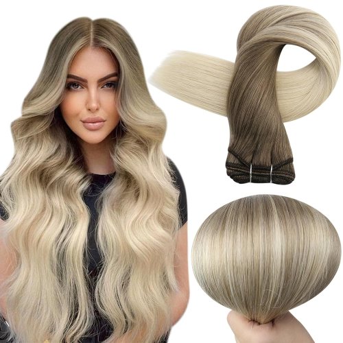Image of Luxurious Full Shine Human Hair Weft Extensions – 100g Ombre Blonde, Silky Straight Remy Hair with Double Skin Weft for Salon-Quality Sew-In