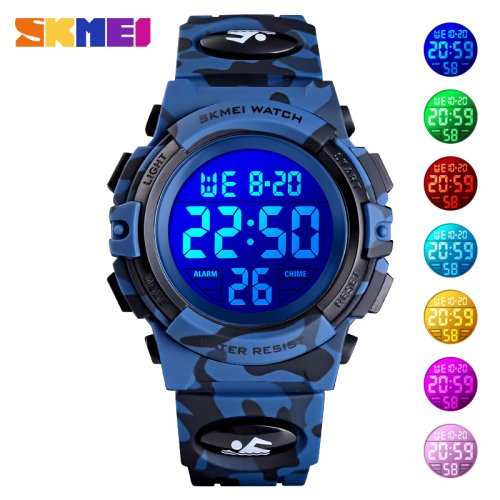 Immagine di Orologio Sportivo per Bambini SKMEI 1548, Impermeabile e Antiurto con Design Camouflage Colorato e Luce LED - Orologio da Polso per Ragazzi e Ragazze