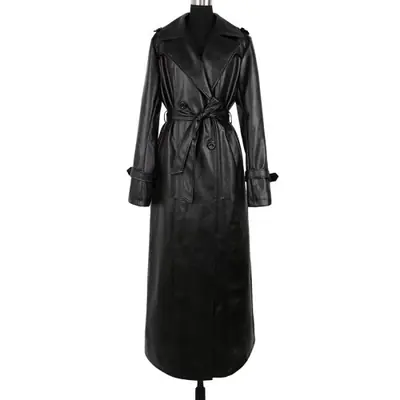 Image de Trench Noir en Faux Cuir Long - Élégant & Imperméable