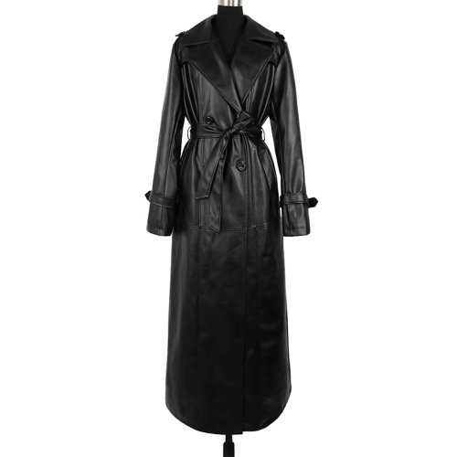 Immagine di Trench in Pelle PU Nero Impermeabile da Donna con Cintura, Doppio Petto e Lunghezza Pavimento - Stile Elegante Primavera-Autunno 2025