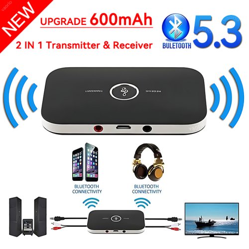 Immagine di Adattatore Bluetooth 5.3 Ricevitore e Trasmettitore Audio con Jack 3,5mm e USB per Cuffie, TV, PC e Auto – Connessione Wireless per Musica