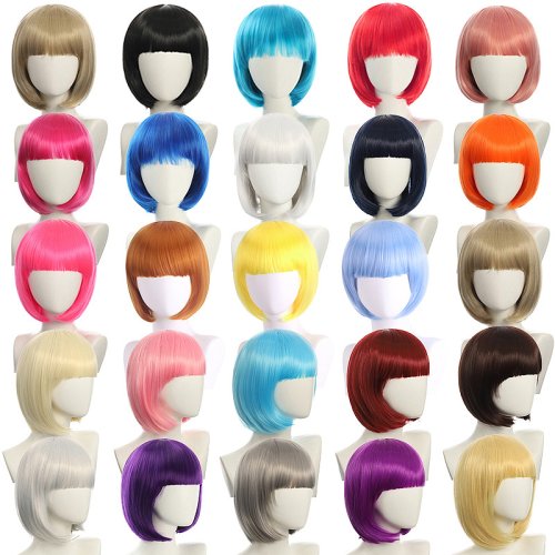 Immagine di Capelli corti femminili transfrontalieri, acconciatura Bob naturale multicolore, parrucca sintetica per feste festival, frangia, copricapo Bobo