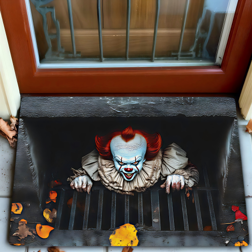 Immagine di Tappetino per Porta di Halloween con Tema Spettrale Pennywise, Clown dai Capelli Rosso Fuoco, Decorazione Horror per Interni ed Esterni con Base Antiscivolo