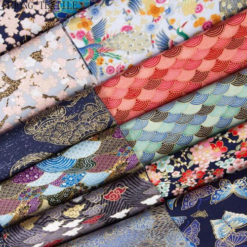 Image of Handcrafted Japanese Kimono-Style Cotton Fabric with Cherry Blossom Print, Bronzed Finish, 50x145cm – Ideal for DIY Sewing, Patchwork, and Home Decor Projects