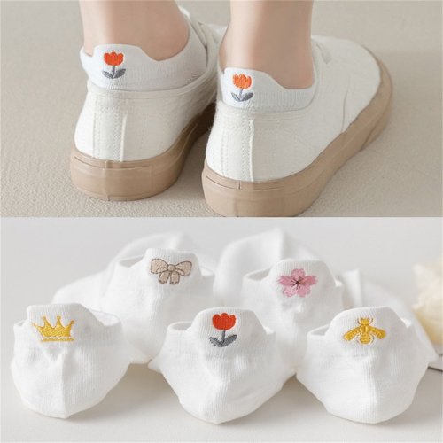 Image de Chaussettes Courtes Femme Brodées - Lot de 5 Paires Mignonnes