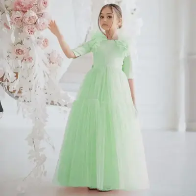 Image de Robe demoiselle d'honneur rose clair tulle nœud manches courtes
