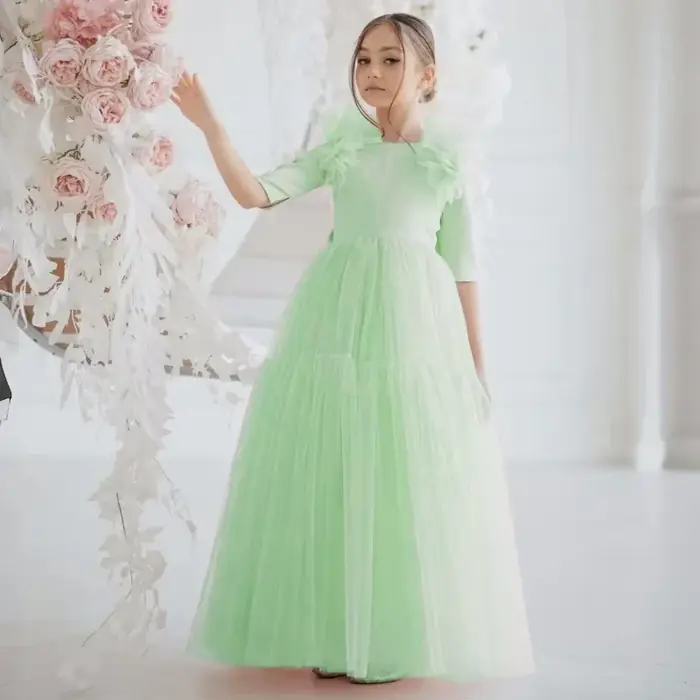 Image de Robe demoiselle d'honneur rose clair tulle nœud manches courtes