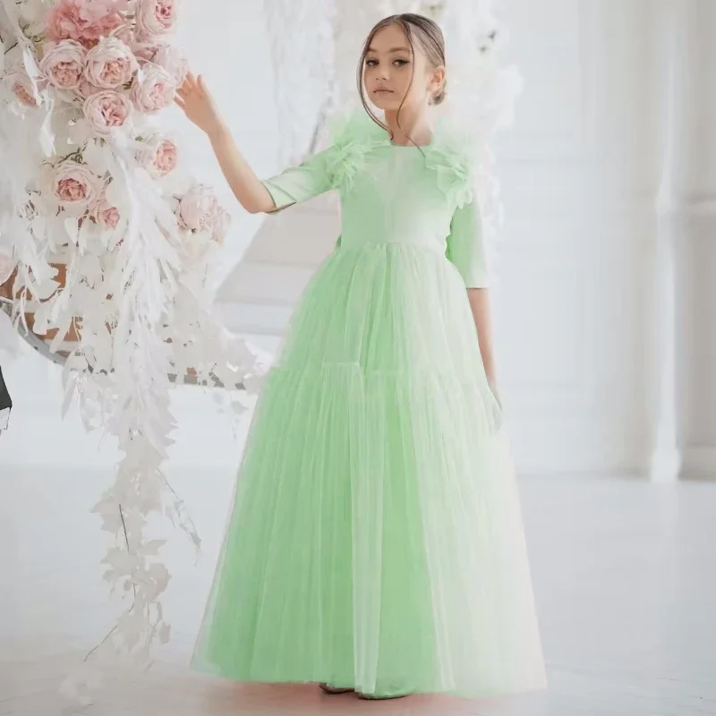 Imagen de Vestidos de niña de flores de color rosa claro, tul con lazo, media manga para boda, fiesta de cumpleaños, banquete, vestidos de princesa