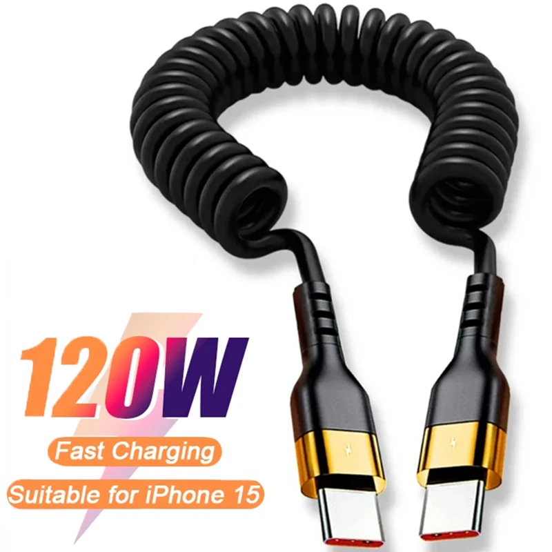 Zdjęcie Kabel sprężynowy USB-C do USB-C PD 120W – Super szybkie ładowanie i transmisja danych, kompatybilny z iPhone 15 Pro Max, iPhone Mini, Samsung i innymi urządzeniami typu C