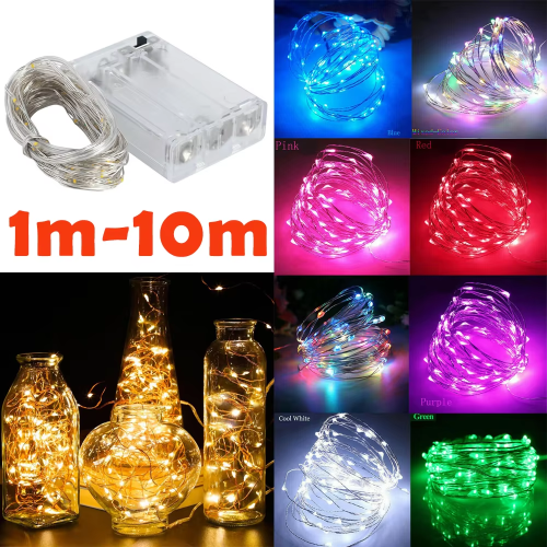 Image of Elegant 1m and 10m LED String Lights with 9 Color Modes – Copper Wire Fairy Lights, Battery-Powered, for Wedding, Christmas, Party, and Holiday Decor