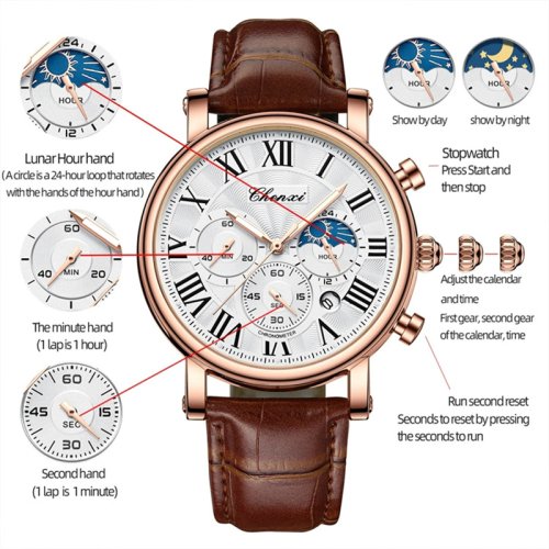 Image of Chenxi 973 Multi-Function Men's Analog Watch with Moon Phase, Date Display, Waterproof Design, and Genuine Leather Strap – Imported Quartz Wristwatch