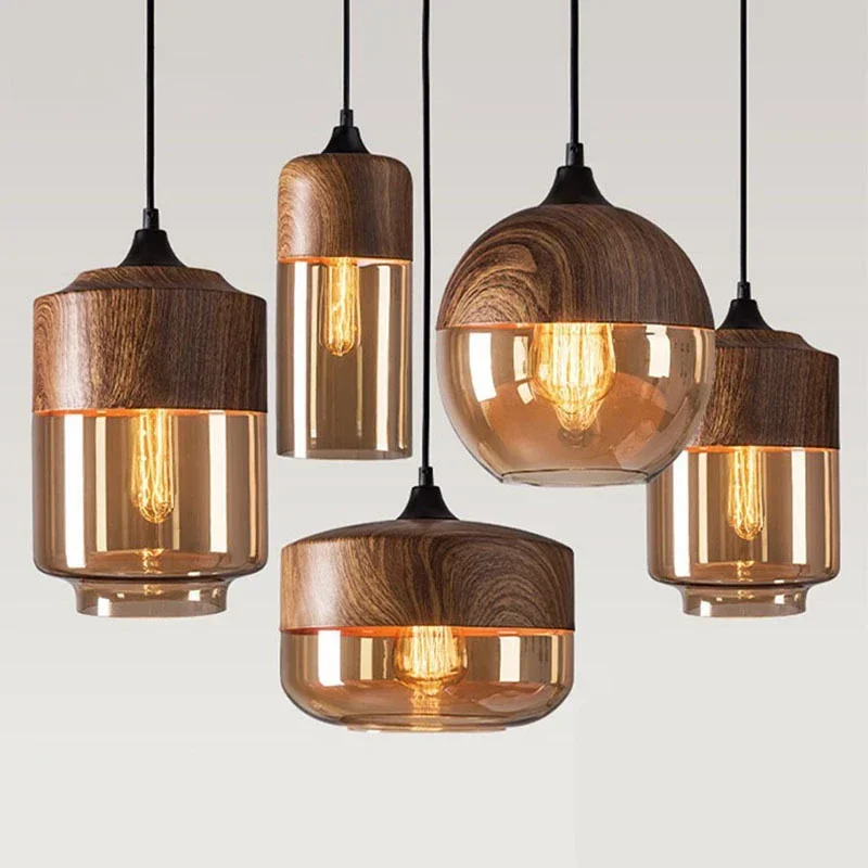 Image of Modern Nordic LED Glass Pendant Light with Wooden Accents – Elegant Hanging Lamp for Bedroom, Living Room, and Dining Area