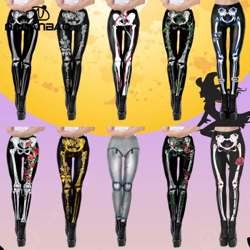 Afbeelding van Dames Legging met Roze Skull Print – Halloween Party Broek voor Festival, Vakantie en Streetwear – Mid Waist Strakke Fit