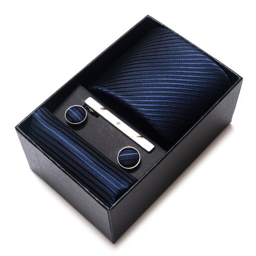 Image of Elegant Blue Solid Silk Men's Neck Tie Set with Matching Handkerchief, Cufflinks, and Clip – 8 cm Wide Handmade Wedding Gift Box