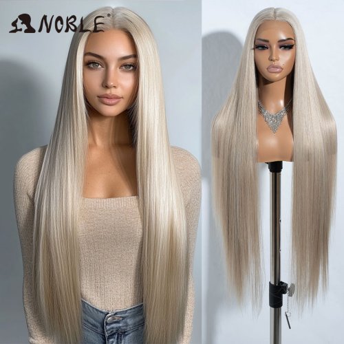 Image of Natural-Looking 38-Inch Ombre Blonde Synthetic Lace Wig for Black Women – Straight Cosplay Wig with Full Lace Front and Heat-Resistant Fibers