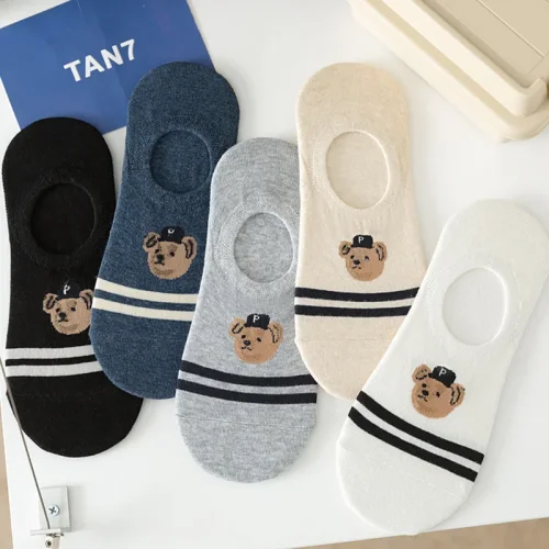 Bild von 5 Paar/Charge Mode Herren Bootssocken rutschfeste transparente Silikon Baumwolle Knöchel Hausschuhe Cartoon Bär Sommer Herbst Socken