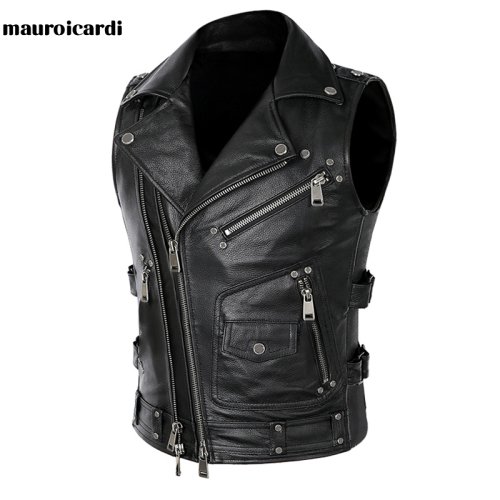 Afbeelding van Mauroicardi Herfst Zwarte Motorfiets Pu Lederen Vest Mannen Rits Zakken Plus Size Faux Leather Biker Mouwloze Jas 4xl 5xl