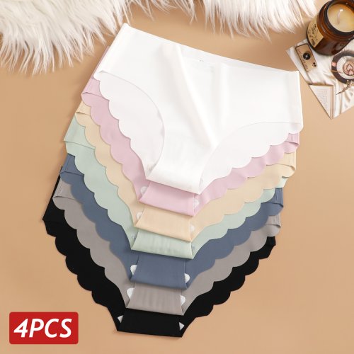 Juego de 4 Bragas de Seda de Hielo Sin Costuras para Mujer, Ropa Interior Elástica de Color Sólido con Laterales Ondulados y Diseño Ultrafino sin Rastro