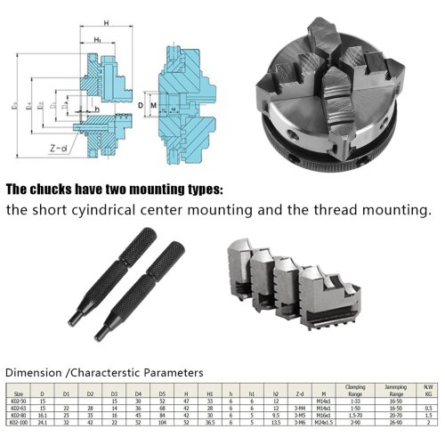 Bild von Mini-Spannfutter 50 mm mit 4 Backen, umkehrbar und selbstzentrierend, M14-Gewindemontage für Drehmaschinen – Manuelles Spannfutter K02-50