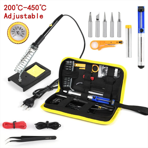 Afbeelding van 15-delige set 220V 60W soldeerboutset 450 ° C Lasgereedschapset met instelbare temperatuur en soldeerzuiger, tindraad EU-PLUG