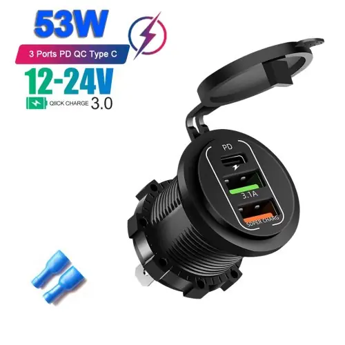 Image de Chargeur Voiture 4 Ports USB-C & USB Rapide avec Voltmètre