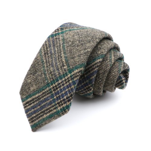 Image of Classic Brown and Grey Plaid Striped Wool Necktie – Slim Narrow Cashmere Tie for Men's Suit, Party, Casual Wear, Elegant Cravat Accessory & Gift