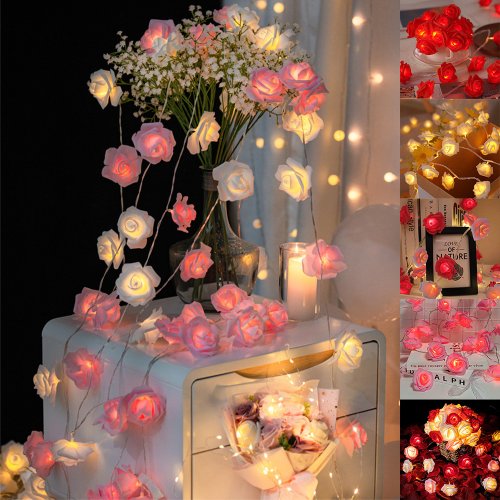 Immagine di 3M 20 LED Rose String Lights Ghirlanda di fiori a batteria Lucine San Valentino Decorazione della festa nuziale Luci natalizie