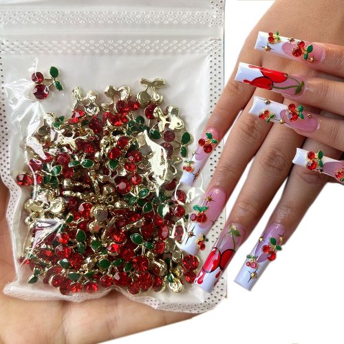 Image of Natural Cherry Nail Charms – 20-Piece Set of Red and Pink 3D Fruit Nail Studs, Rhinestone Gems, Glitter Accents for DIY Nail Art & Jewelry