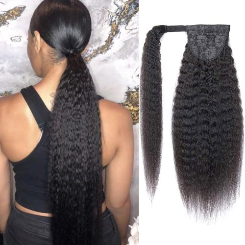 Image of Natural Yaki Straight Human Hair Clip-In Ponytail with Drawstring Wrap-Around Design – Remy Hair Extension for Women