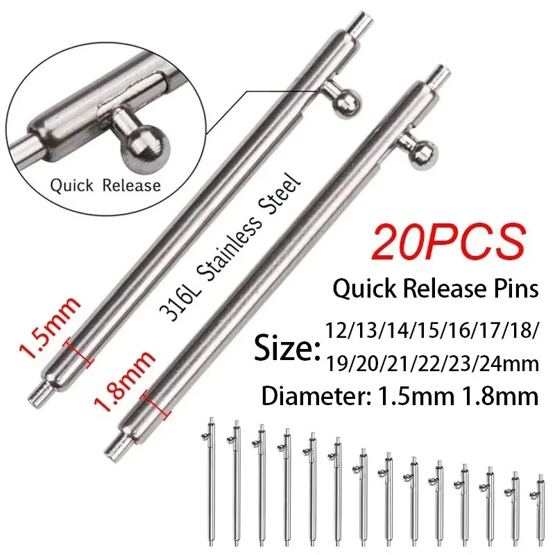 Image of 20-Pack Stainless Steel Quick Release Spring Bars for Watches – 1.5mm & 1.8mm Diameter, 12mm to 24mm Lengths – Durable Metal Watch Band Pins