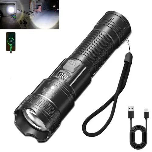 Bild von Superhelle LED-Taschenlampe, wiederaufladbare USB-Taschenlampen mit taktischem Zoom, Hochleistungs-Scheinwerfer, Outdoor-Camping-Angel-Taschenlampe