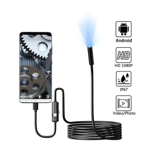 Image of Professional 7mm Type-C Endoscope Camera with IP67 Waterproof Design, 6-LED Adjustable Flexible Inspection Borescope for Android, PC, and MacBook