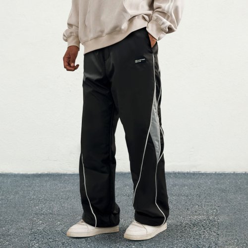 Image of Men's Patchwork Wide Leg Pants with Contrast Colors, Fashionable Casual Loose Fit Elastic Waist Trousers