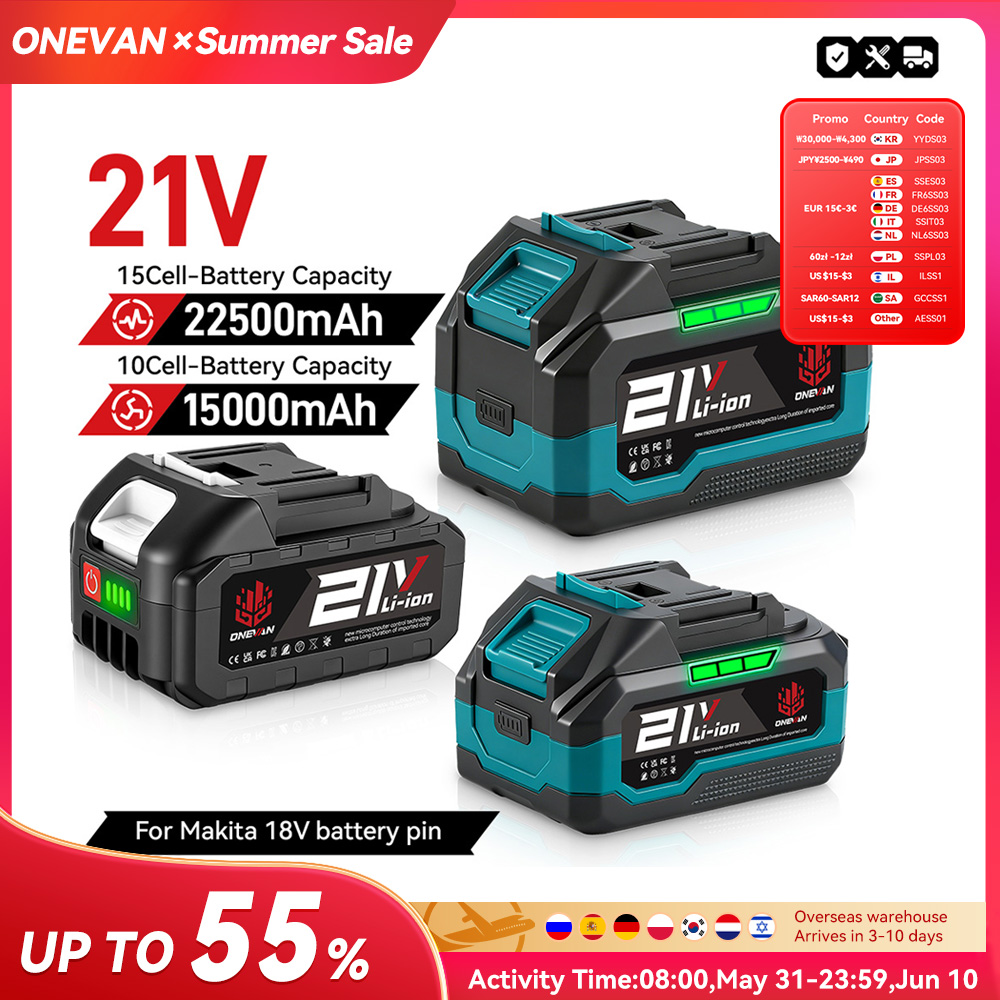 Image de Batterie Li-ion 15000-22500mAh pour outils Makita 18V avec indicateur