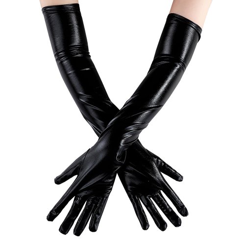 Immagine di Guanti Lunghi in Pelle Verniciata Nero - Stile Sexy per Cosplay e Pole Dance