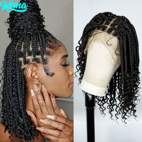 Bild von Knotenlose Box-geflochtene Perücken mit lockigen Enden, synthetische Vollspitze, Boho-geflochtene Spitzenperücken, Spitzen-Frontal-Zöpfe-Perücke für schwarze Frauen
