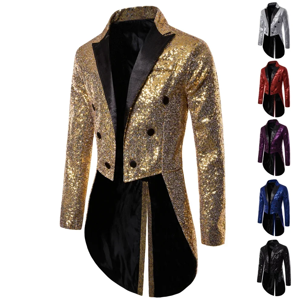 Immagine di Giacca da uomo doppio petto con paillettes dorate lucide – Elegante blazer glitter per matrimonio, sposo, party, stage e prom