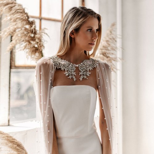 Imagen de Velo de Novia con Cuentas de Perlas y Chaqueta Bolero de Encaje para Boda, Velo Catedral con Chal de Talla Grande, Accesorios Elegantes para Novias