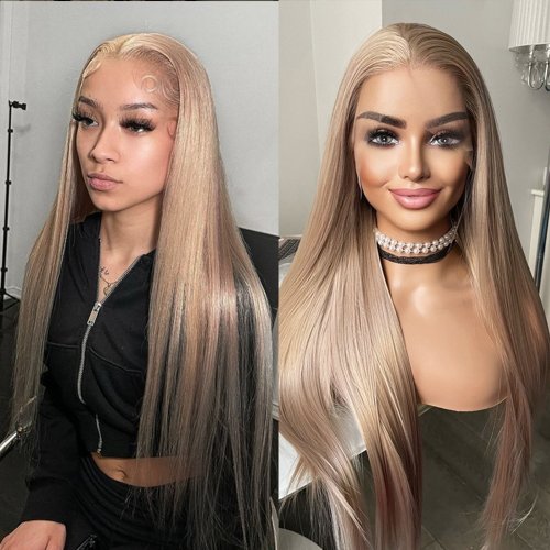 Imagen de Peluca de Encaje Frontal 13x4 con Pelo Sintético Largo y Liso en Color Rubio Ceniza, Resistente al Calor, Ideal para Mujeres que Buscan Estilo Natural para Fiestas y Cosplay