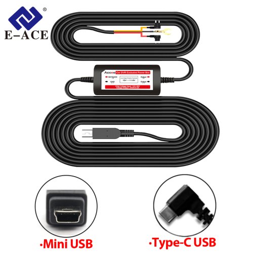 Immagine di E-ACE Kit cavo caricabatteria per auto mini USB tipo C da 3,5 metri Buck Line per monitoraggio parcheggio 24 ore su specchietto retrovisore Dash Cam