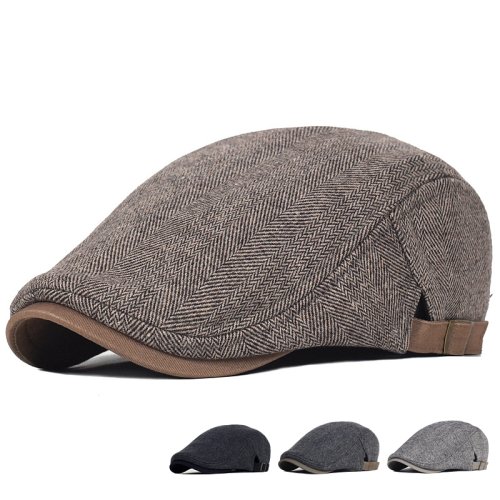 Immagine di Berretto da Strillone in Lana Invernale Spessa e Calda, Modello Vintage a Spina di Pesce con Righe Casual, Stile Gatsby, Cappello Piatto con Visiera Regolabile per Uomo