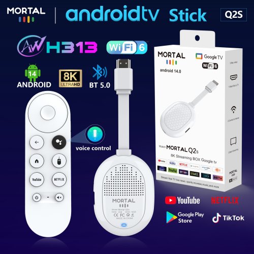 Image of Allwinner H313 Android 14 TV Stick with 8K Support, Wi-Fi 6, Bluetooth 5.0, Voice Remote & YouTube Ready – Factory Direct Mortal Q2S Dongle for Smart TV Streaming