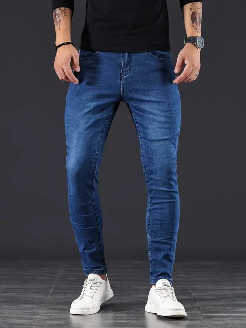 Image of Mens Pants Pure Color Stretch Jeans Street Casual Slim Fit Trousers Male Vintage Wash Plus Size Skinny Jeans for Men